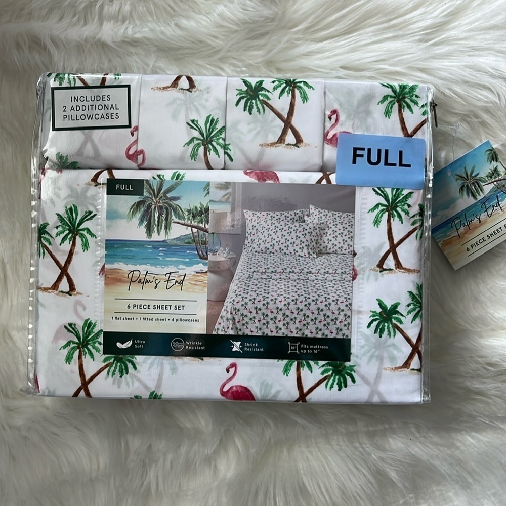 🆕Palm’s End Sheet Set 6 Piece FULL Size Sheets Flamingos and Palm Trees Tropical
